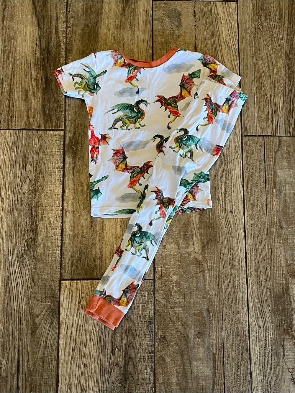 Kids White Dragon Print Pajama Set with Orange Trim Accents